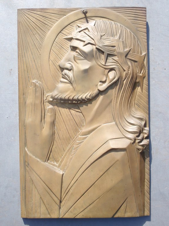 Bronze art deco plaque Jesus with Crown of thorns 