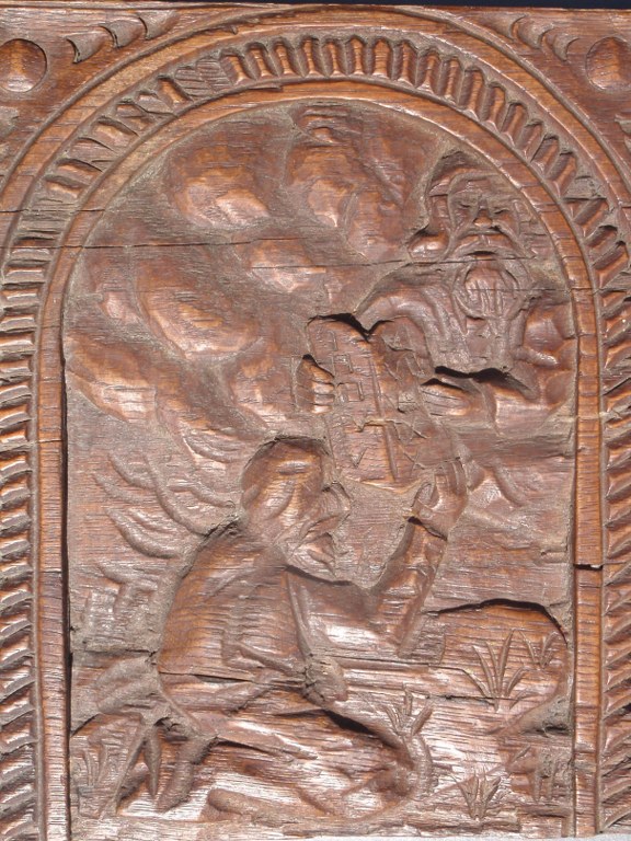 Dutch folk art oak panel of Mozes receiving the ten commandments