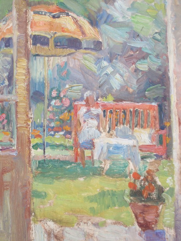 Oilpainting lady in summer garden by Andries Olthoff