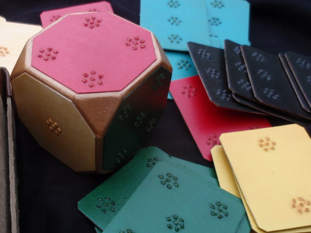 Wooden braille game with dice and cards 