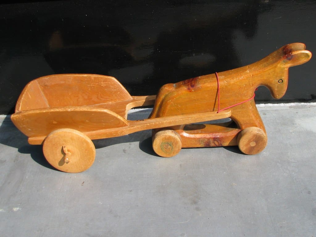 Fifties swiss toy wooden pull donkey with cart by Antonio Vitali-1