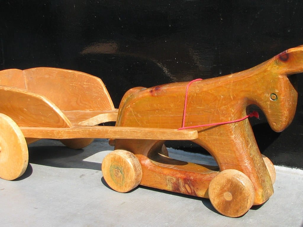 Fifties swiss toy wooden pull donkey with cart by Antonio Vitali-2