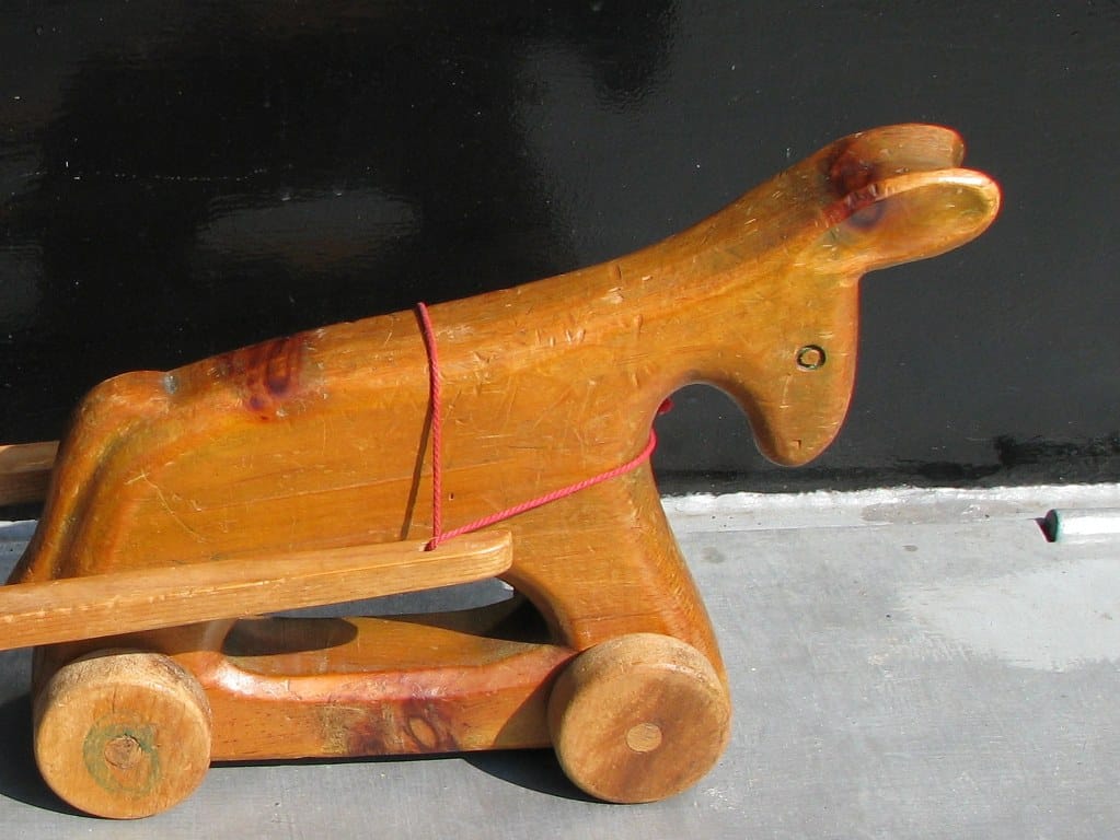 Fifites swiss toy wooden pull donkey with cart by Antonio Vitali